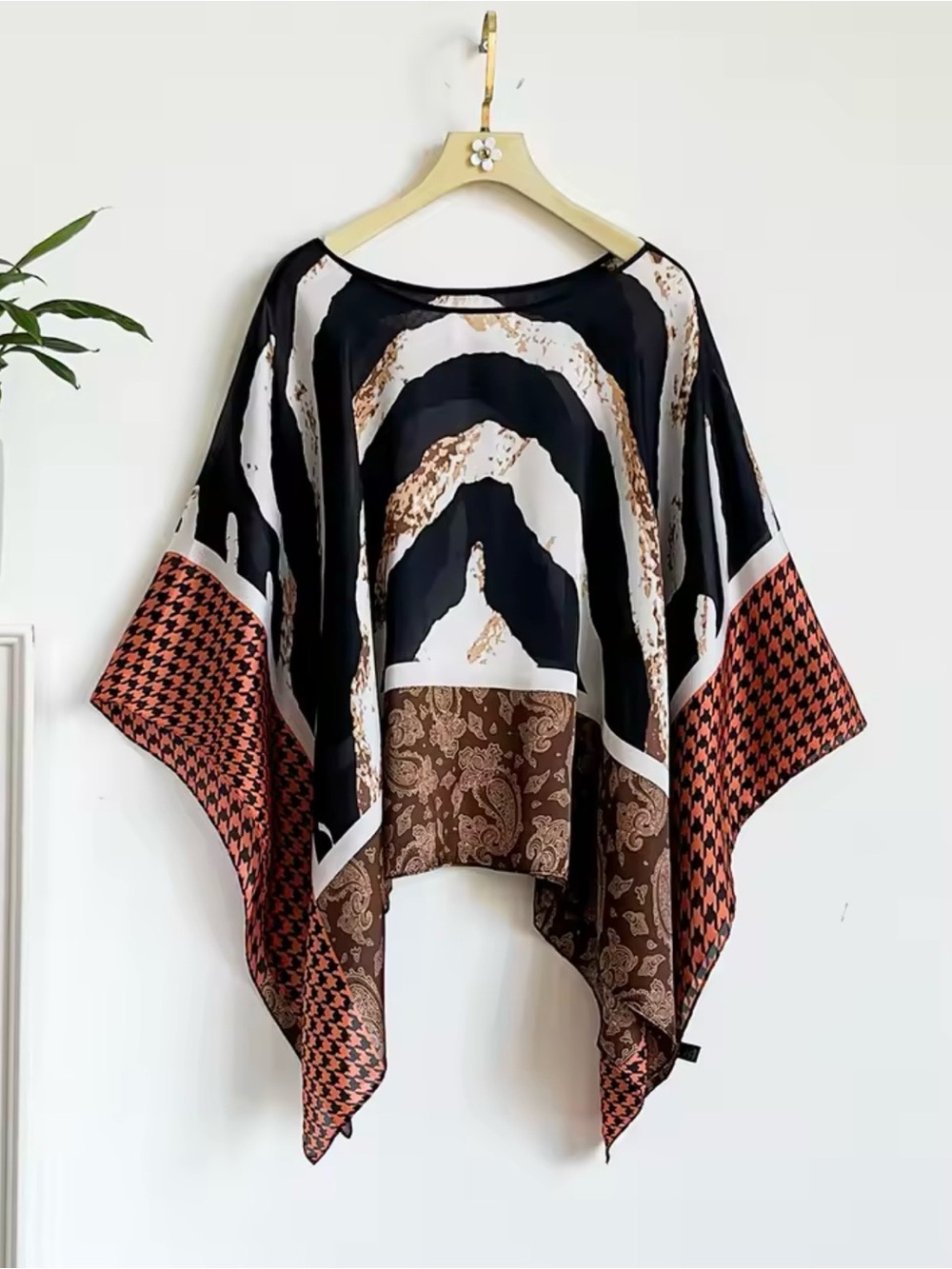 Patterned Silk-Look Poncho in Black, Brown & Rust
